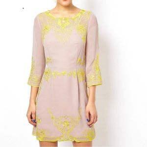 Asos nude blush neon yellow embroidered dress